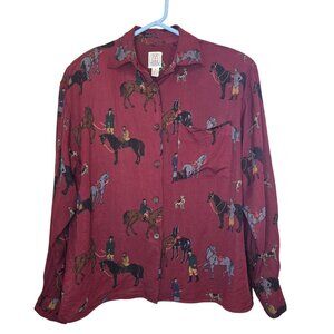 VTG J.G. Hook Equestrian Print Rayon Button-Up Long Sleeve Shirt Size 8 Burgundy